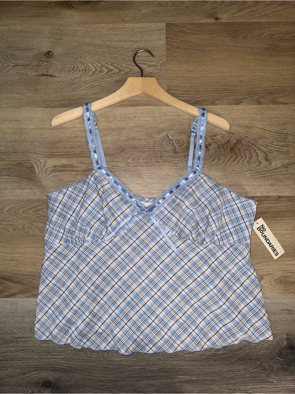 No Boundaries Light Blue Plaid Lace-Trim Camisole